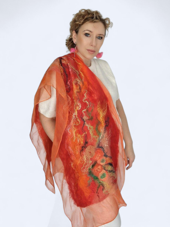 Szal jedwabno wełniany elegancki zwiewny pomarańcz