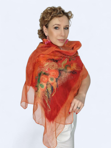 Szal jedwabno wełniany elegancki zwiewny pomarańcz