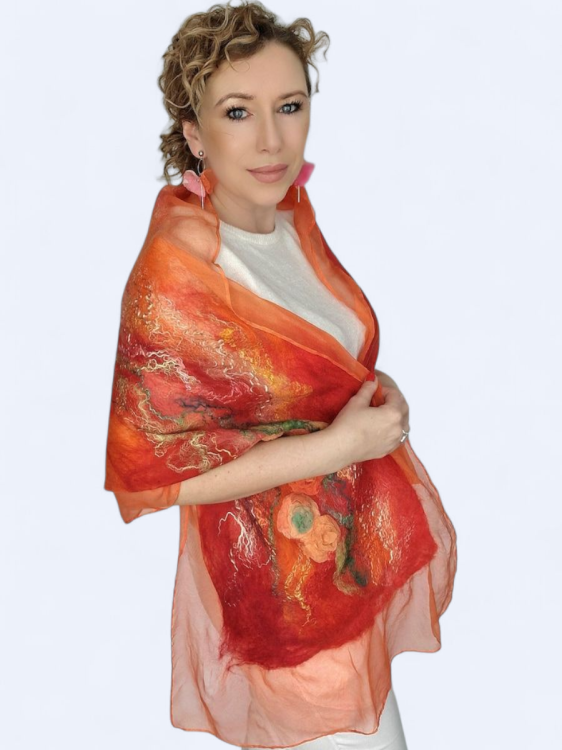 Szal jedwabno wełniany elegancki zwiewny pomarańcz