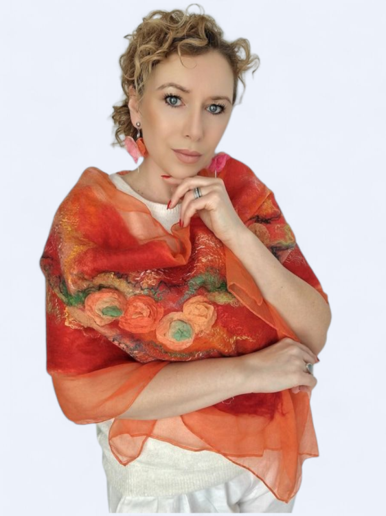 Szal jedwabno wełniany elegancki zwiewny pomarańcz