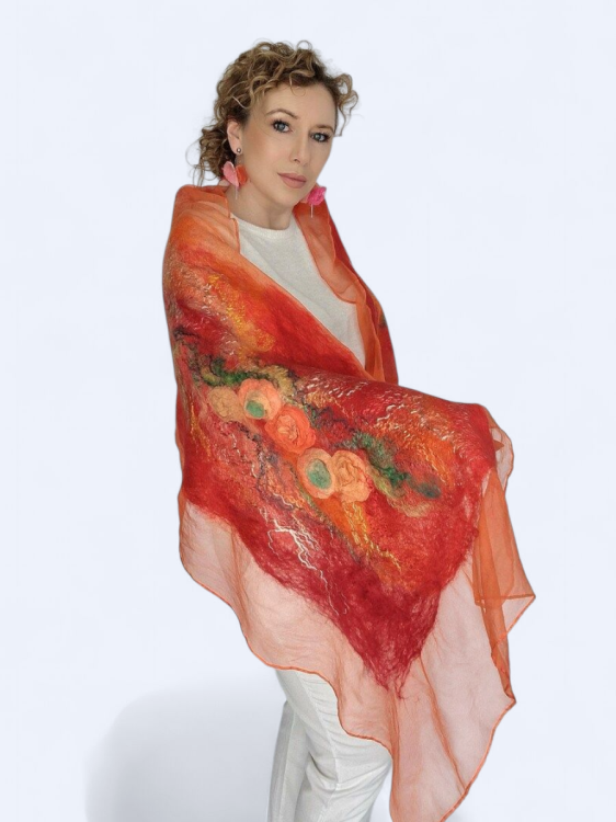 Szal jedwabno wełniany elegancki zwiewny pomarańcz