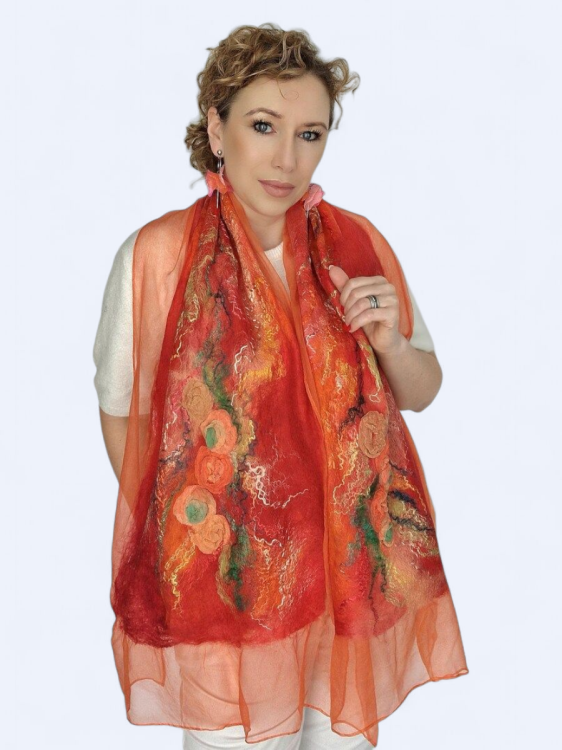 Szal jedwabno wełniany elegancki zwiewny pomarańcz