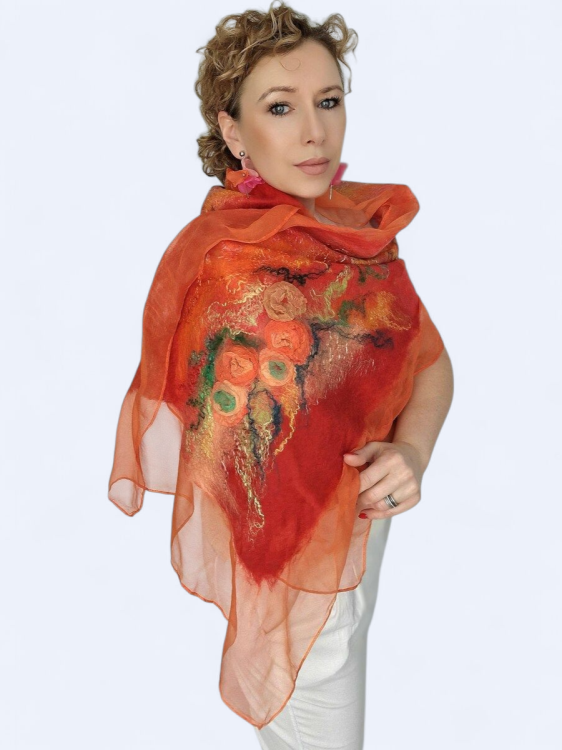 Szal jedwabno wełniany elegancki zwiewny pomarańcz