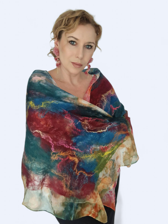 Szal jedwabno wełniany elegancki wielokolorowy