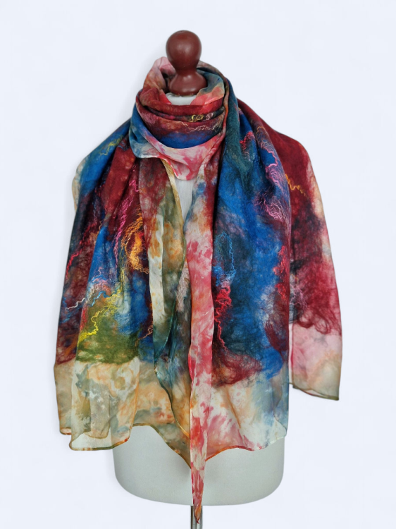 Szal jedwabno wełniany elegancki wielokolorowy