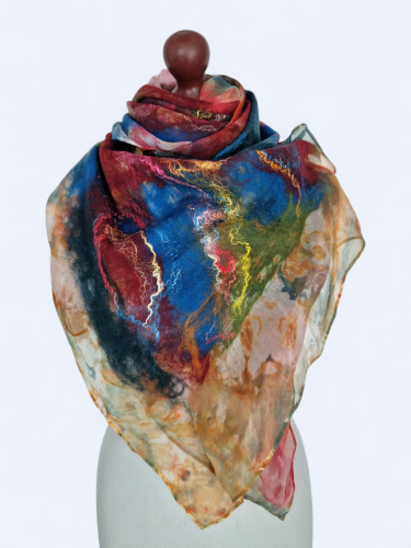 Szal jedwabno wełniany elegancki wielokolorowy