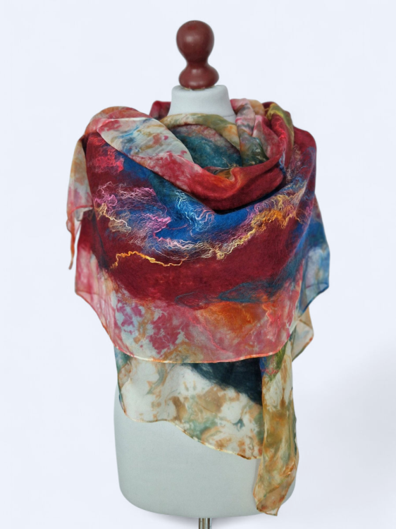 Szal jedwabno wełniany elegancki wielokolorowy