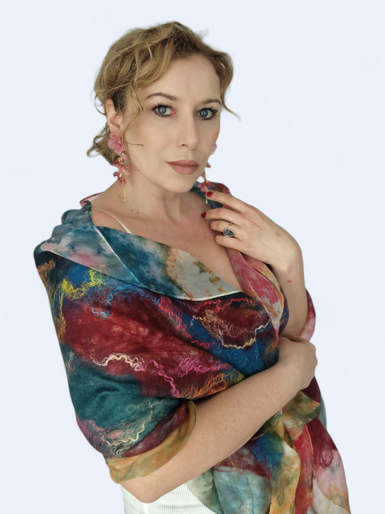 Szal jedwabno wełniany elegancki wielokolorowy