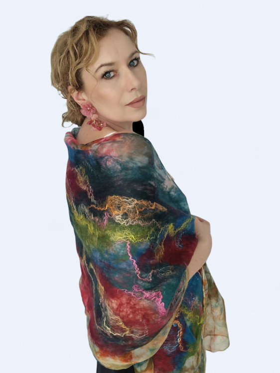 Szal jedwabno wełniany elegancki wielokolorowy