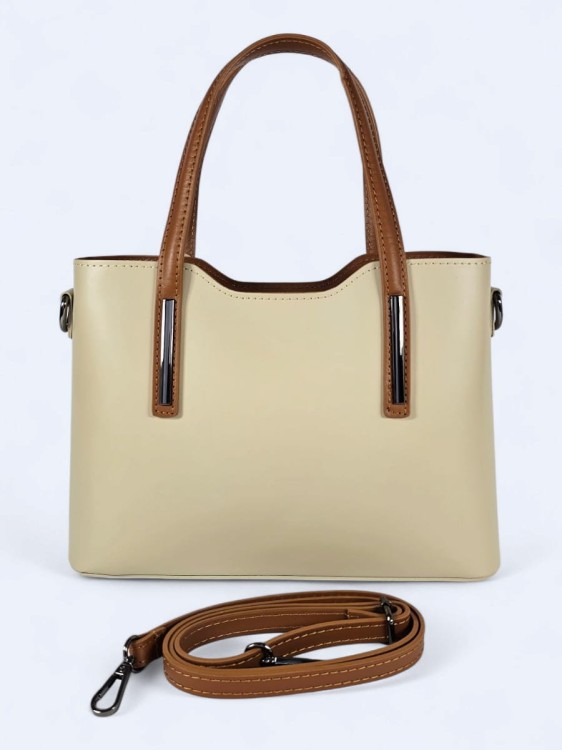 Klasyczna elegancka torba z naturalnej skóry dwukolorowa jasno-beżowo brązowa