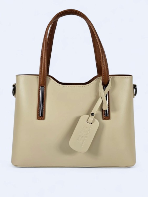 Klasyczna elegancka torba z naturalnej skóry dwukolorowa jasno-beżowo brązowa