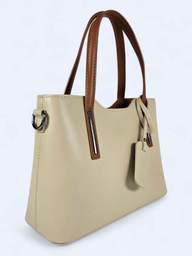 Klasyczna elegancka torba z naturalnej skóry dwukolorowa jasno-beżowo brązowa