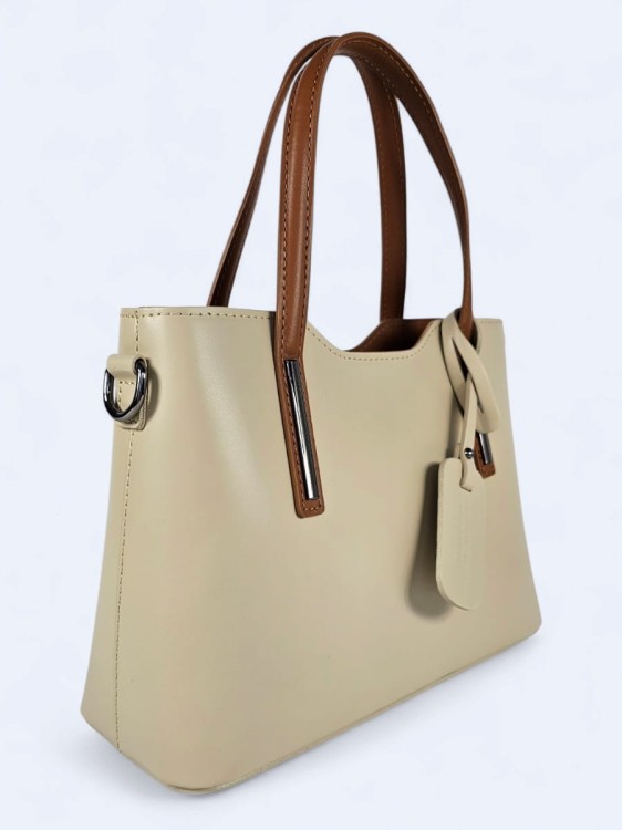 Klasyczna elegancka torba z naturalnej skóry dwukolorowa jasno-beżowo brązowa