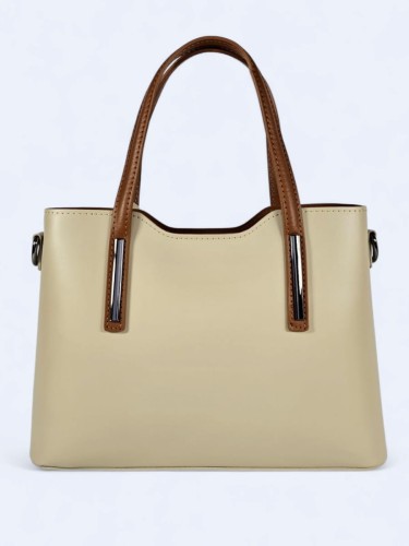 Klasyczna elegancka torba z naturalnej skóry dwukolorowa jasno-beżowo brązowa