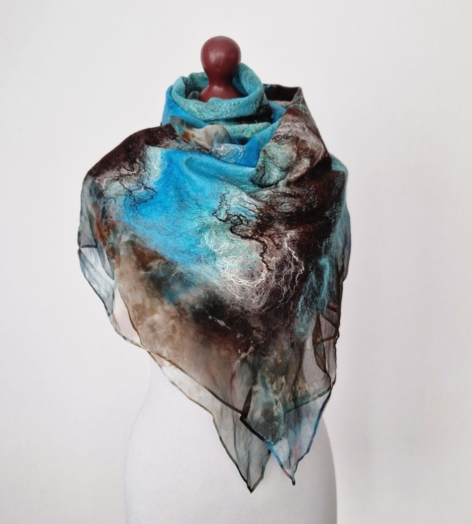 Szal jedwabno-wełniany – turkusowo brązowy