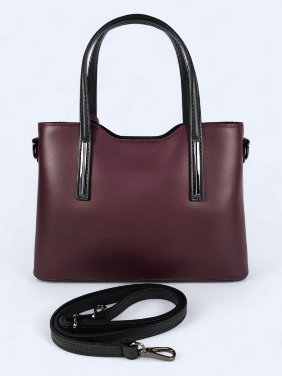 Klasyczna elegancka torba z naturalnej skóry dwukolorowa burgundowo czarna
