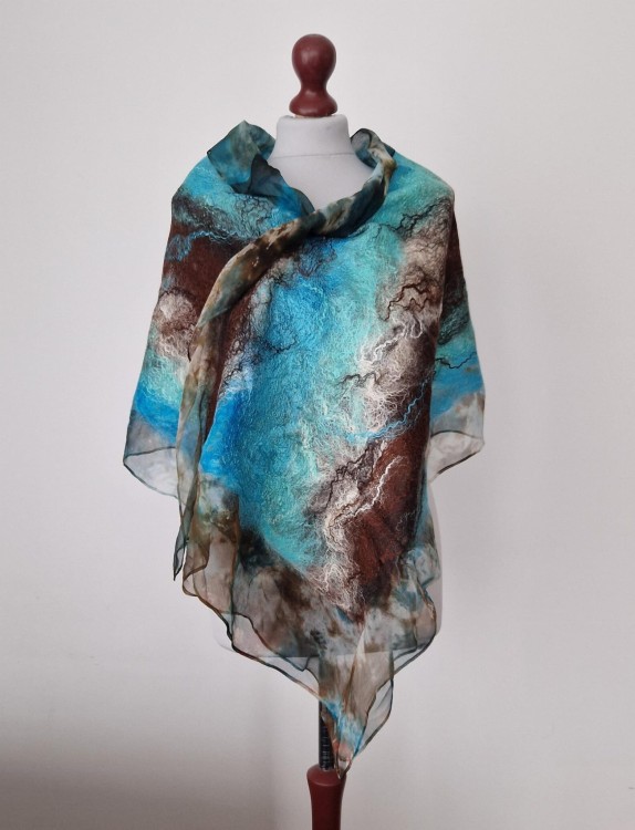 Szal jedwabno-wełniany – turkusowo brązowy