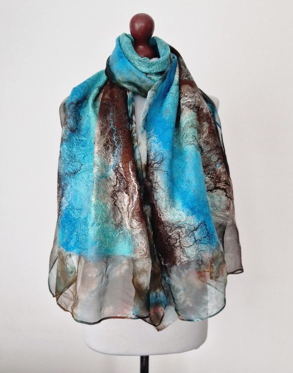 Szal jedwabno-wełniany – turkusowo brązowy