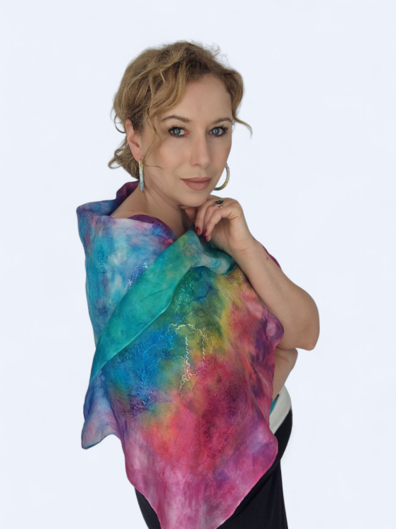 Szal jedwabno wełniany elegancki multikolor