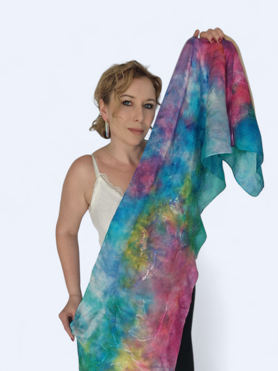 Szal jedwabno wełniany elegancki multikolor