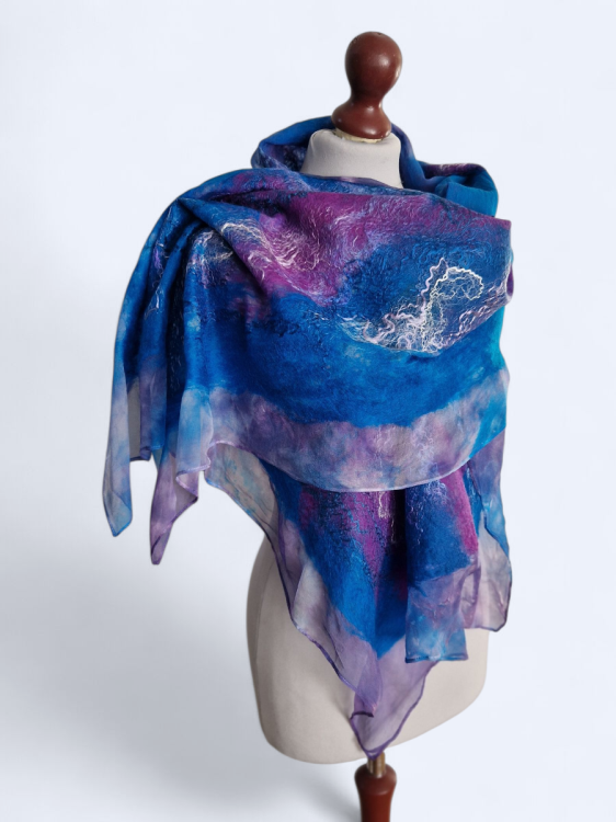 Szal jedwabno wełniany elegancki turkus purpura