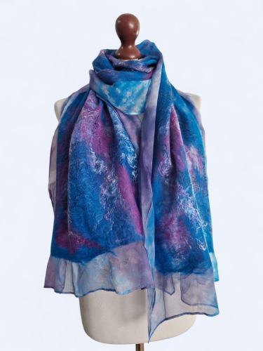 Szal jedwabno wełniany elegancki turkus purpura