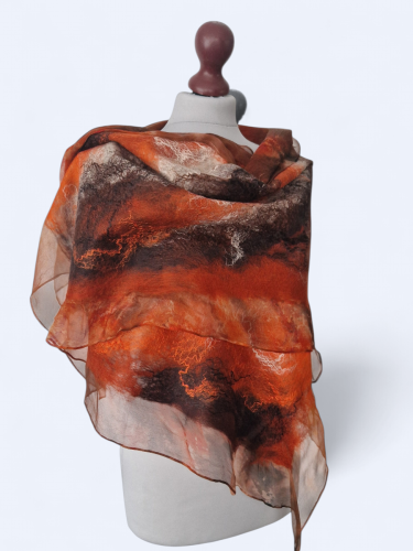 Szal jedwabno wełniany elegancki zwiewny pomarańcz z brązem