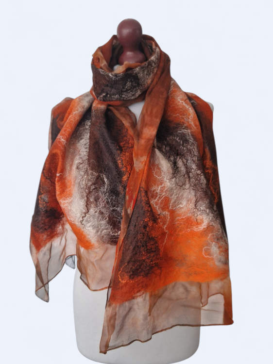 Szal jedwabno wełniany elegancki zwiewny pomarańcz z brązem