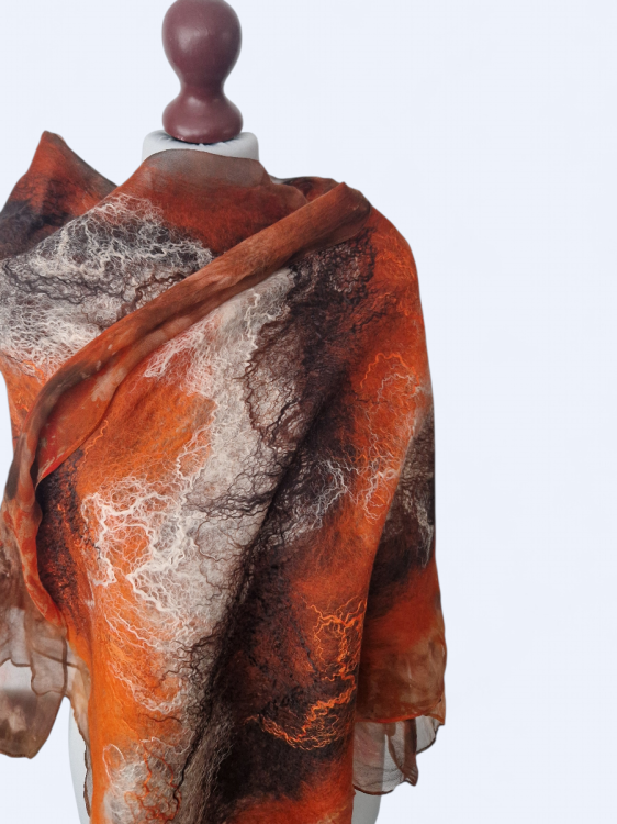 Szal jedwabno wełniany elegancki zwiewny pomarańcz z brązem