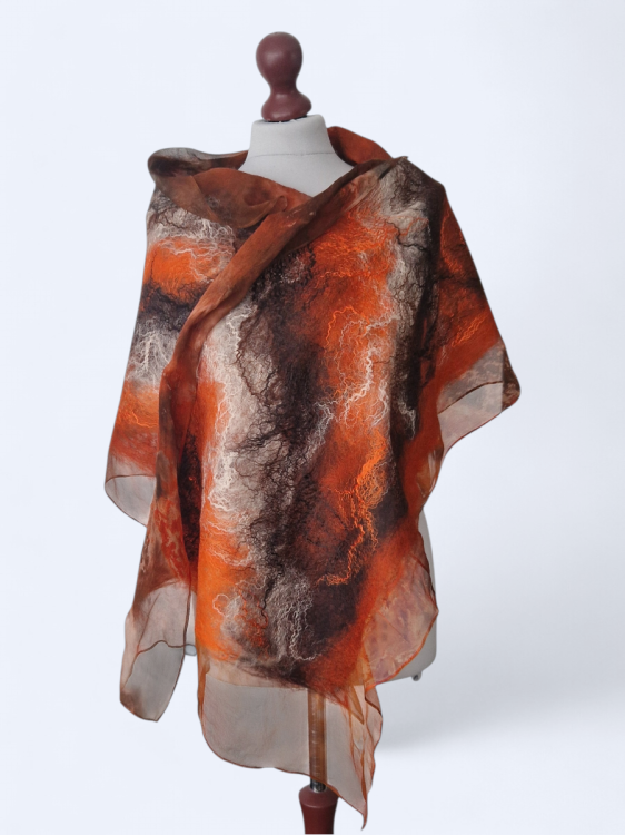 Szal jedwabno wełniany elegancki zwiewny pomarańcz z brązem