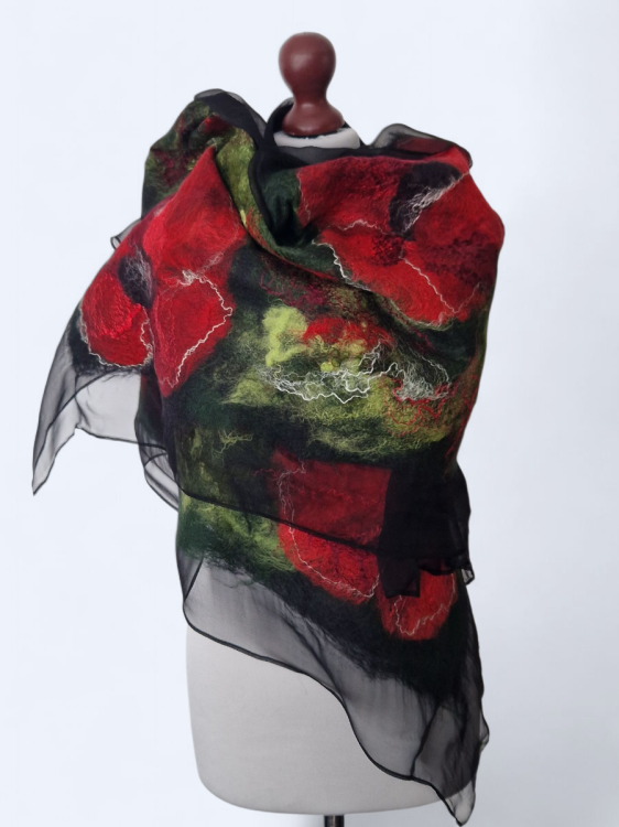 Szal jedwabno wełniany elegancki maki