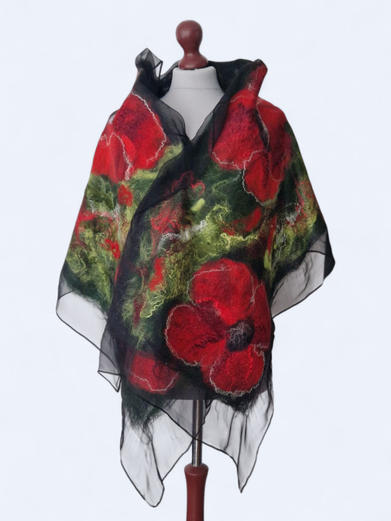 Szal jedwabno wełniany elegancki maki