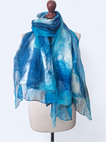 Szal jedwabno wełniany elegancki błękitny