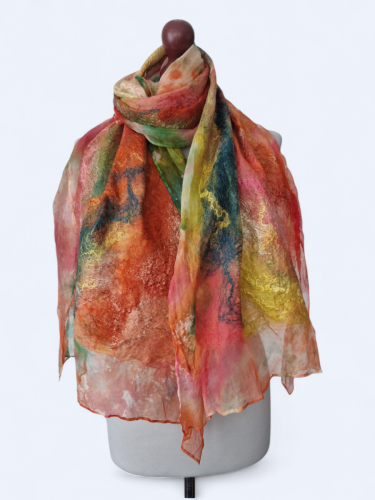 Szal jedwabno wełniany elegancki odcienie pomarańczu