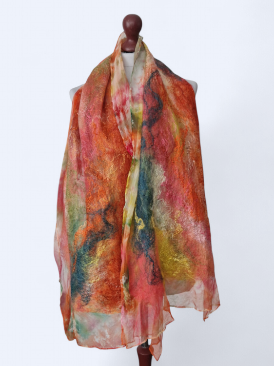 Szal jedwabno wełniany elegancki odcienie pomarańczu