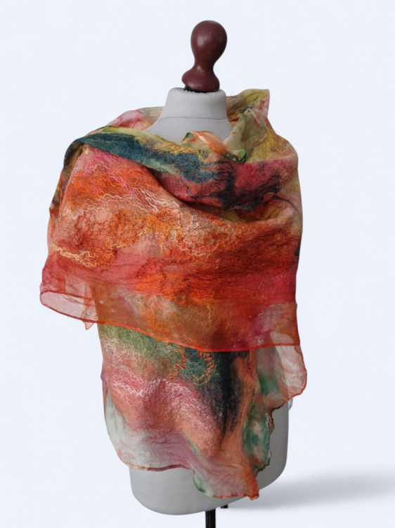 Szal jedwabno wełniany elegancki odcienie pomarańczu