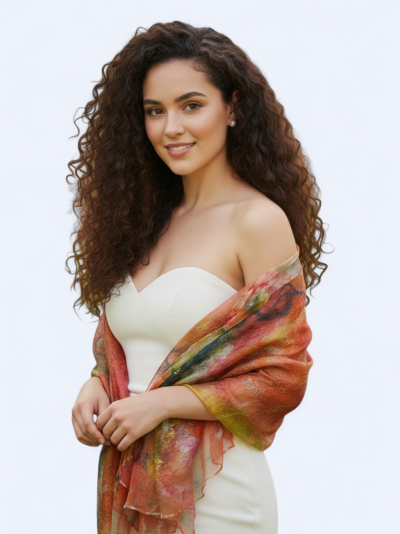 Szal jedwabno wełniany elegancki odcienie pomarańczu