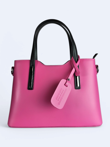 Klasyczna elegancka torba z naturalnej skóry dwukolorowa różowy z czarnym