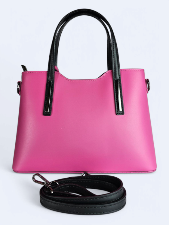 Klasyczna elegancka torba z naturalnej skóry dwukolorowa różowy z czarnym