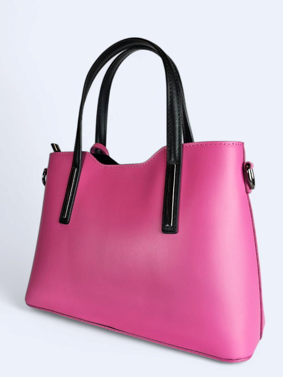 Klasyczna elegancka torba z naturalnej skóry dwukolorowa różowy z czarnym