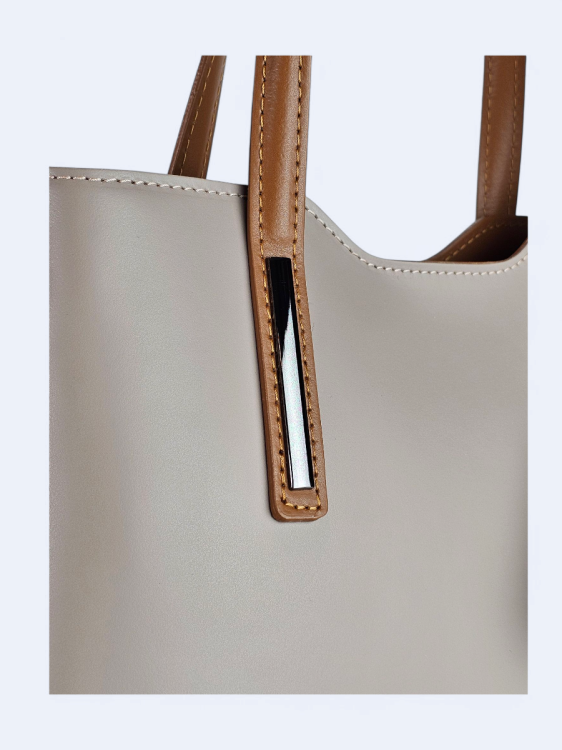 Klasyczna elegancka torba z naturalnej skóry dwukolorowa beżowo brązowa