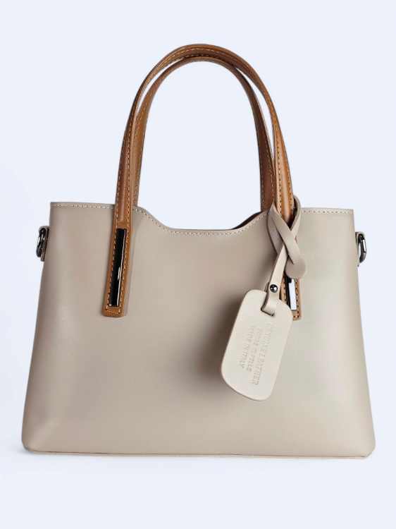 Klasyczna elegancka torba z naturalnej skóry dwukolorowa beżowo brązowa