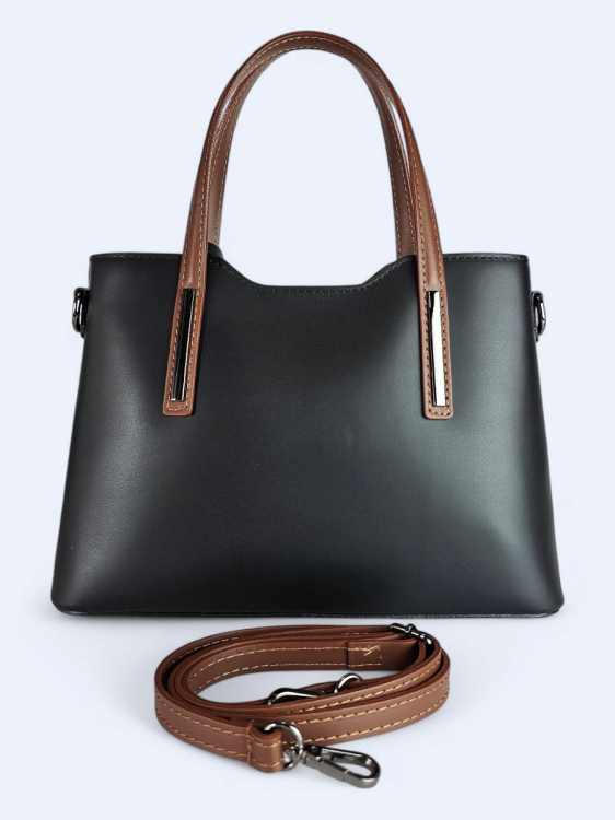 Klasyczna elegancka torba z naturalnej skóry dwukolorowa czarno brązowa