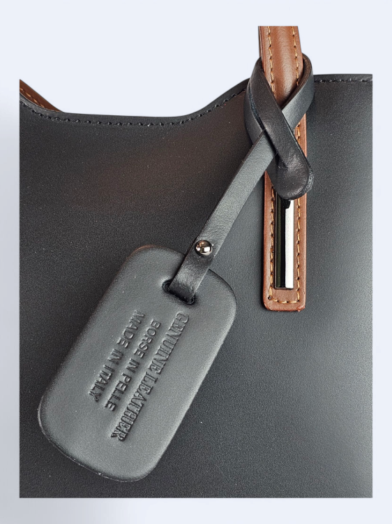 Klasyczna elegancka torba z naturalnej skóry dwukolorowa czarno brązowa