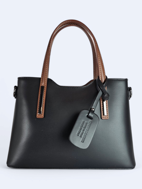 Klasyczna elegancka torba z naturalnej skóry dwukolorowa czarno brązowa