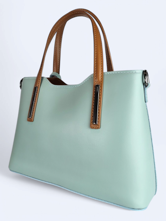 Klasyczna elegancka torba z naturalnej skóry dwukolorowa błękitno brązowa