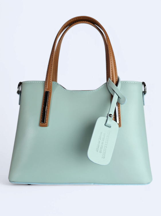 Klasyczna elegancka torba z naturalnej skóry dwukolorowa błękitno brązowa