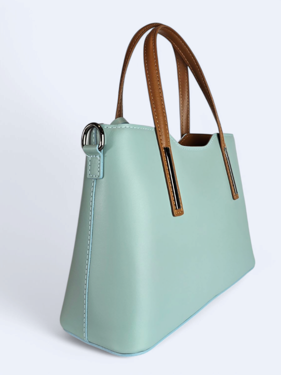 Klasyczna elegancka torba z naturalnej skóry dwukolorowa błękitno brązowa