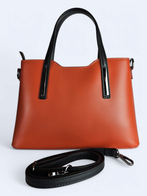 Klasyczna elegancka torba z naturalnej skóry dwukolorowa pomarańcz z czarnym
