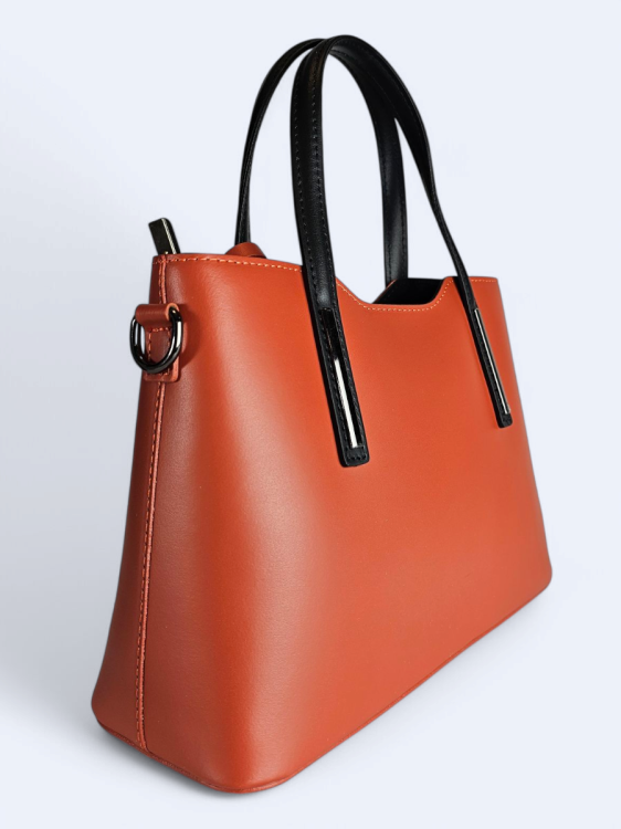 Klasyczna elegancka torba z naturalnej skóry dwukolorowa pomarańcz z czarnym